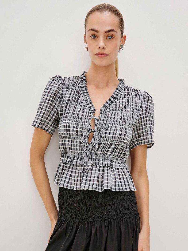 Rails Portia Seersucker Plaid Tie Front Peplum Top Black White S